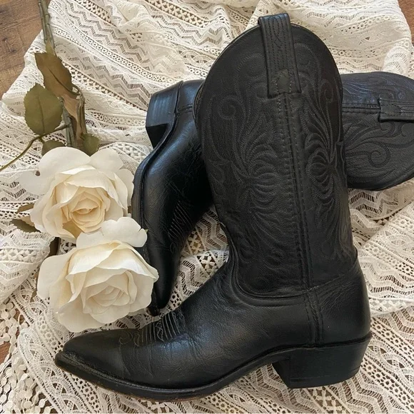 DAN POST Black Leather Cowboy Boots Western Pointy Toe Coastal Cowgirl - Picture 1 of 10